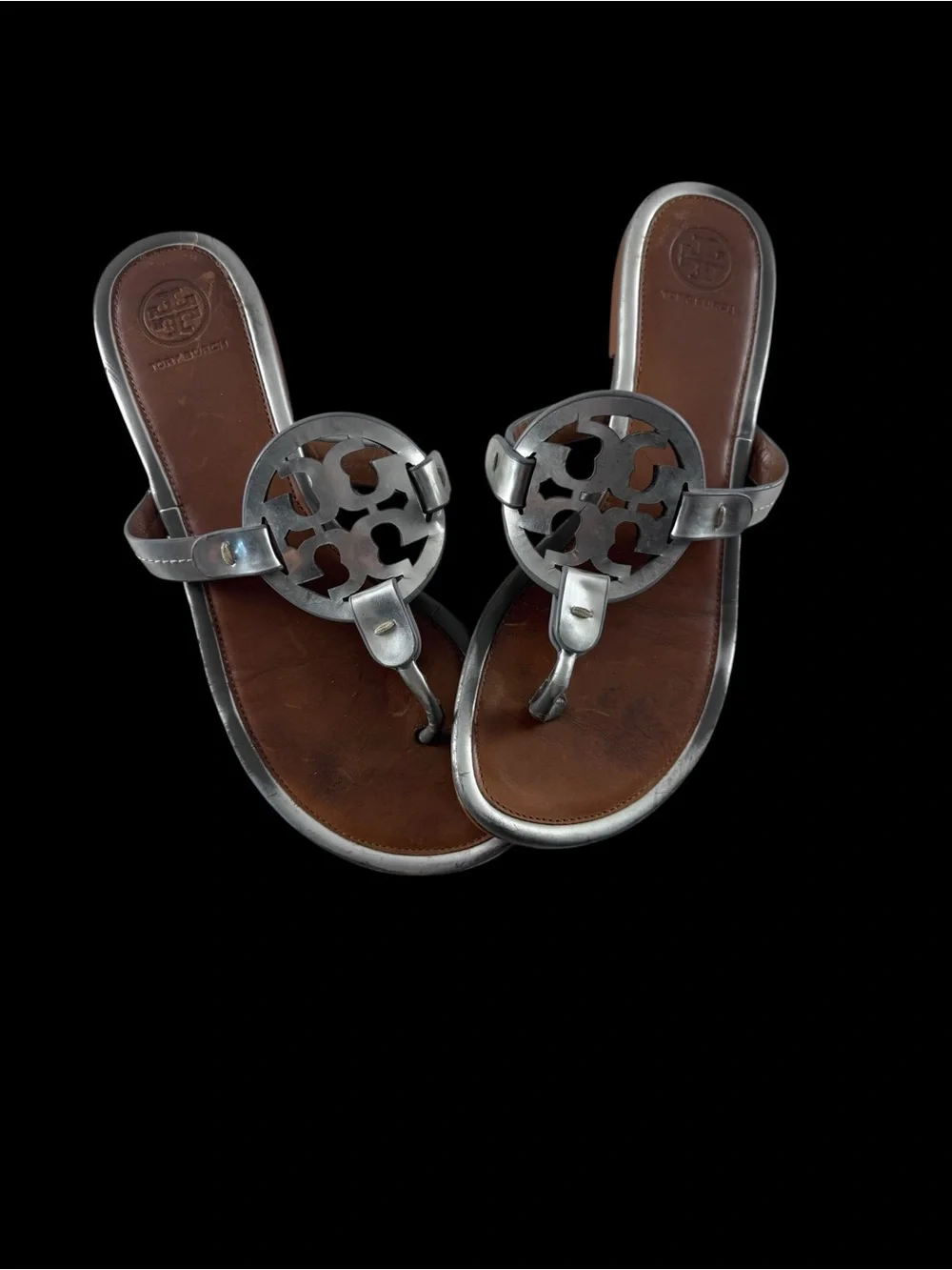 Tory Burch Brown Leather Sandals with Silver Logo Medallions